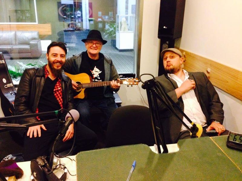 At Radio 3WBC, Box Hill,, Melbourne Australia (between Sammy El Mariachi (left) and Cameron Holmes (right)