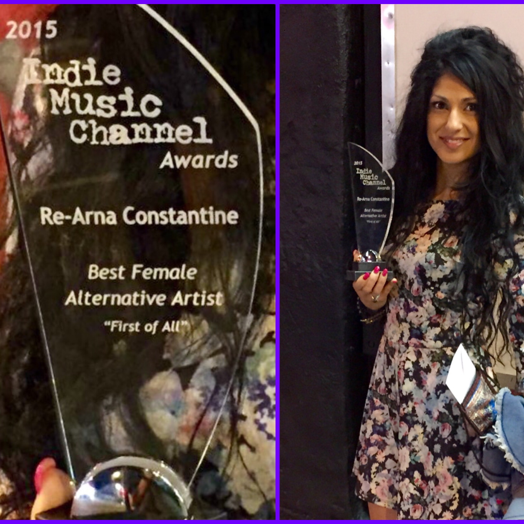 Audio Visual Media Client, Rearna Constantine Shows off her "2015 Indie Music Channel Award" for her song "First Of All' Produced by Domenic Pernasilici alongside Rearna Constantine.